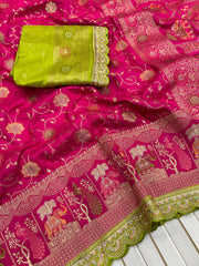 Banarasi Silk Saree in Rani Pink with Green Blouse & Golden Zari Weaving
