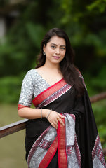 Madhubani style back printed saree.