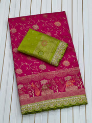 Banarasi Silk Saree in Rani Pink with Green Blouse & Golden Zari Weaving