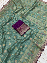Sea Green Banarasi Silk Saree with Purple Contrast Blouse & Zari Weaving