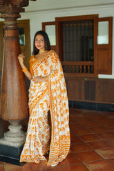 Batik Yellow Printed Pure Chanderi Cotton Saree in Off White