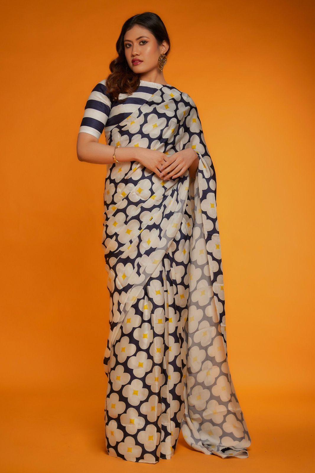 Blue Satin Silk Printed Floral High Neck Saree With Striped Blous - sareeswholesalers