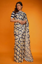 Blue Satin Silk Printed Floral High Neck Saree With Striped Blous - sareeswholesalers