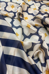 Blue Satin Silk Printed Floral High Neck Saree With Striped Blous - sareeswholesalers