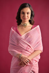 Flamingo Pink Woven Design Mul Pure Cotton Chanderi Saree - sareeswholesalers