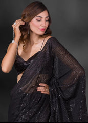 Black Soft Georgette Fabric With Sequins Embroidered Work Saree