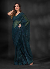Green Soft Georgette Fabric With Sequins Embroidered Work Saree