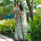 Flower Design Pista Color Saree For Wedding