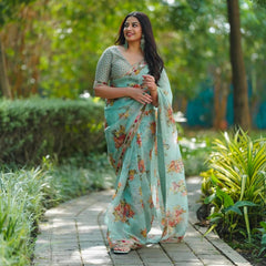 Flower Design Pista Color Saree For Wedding