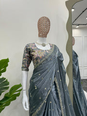 New Partywear Jimmy Chu Fabric Sequence n Embroidered Fancy Designer Saree