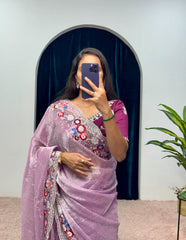 Elegant Lavender Color Organza Silk Sequence Cotton Thread Embroidery Work Designer Saree