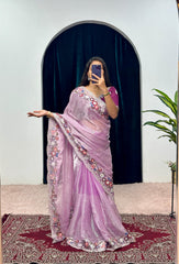 Elegant Lavender Color Organza Silk Sequence Cotton Thread Embroidery Work Designer Saree