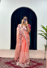 Elegant Orange Color Organza Silk Sequence Cotton Thread Embroidery Work Designer Saree