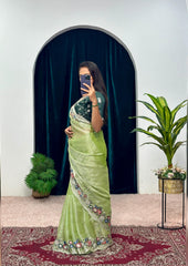 Elegant Green Color Organza Silk Sequence Cotton Thread Embroidery Work Designer Saree