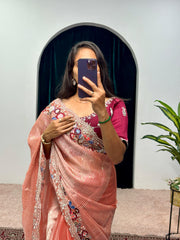 Elegant Orange Color Organza Silk Sequence Cotton Thread Embroidery Work Designer Saree