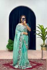 Elegant Sky Color Organza Silk Sequence Cotton Thread Embroidery Work Designer Saree