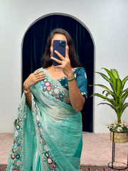 Elegant Sky Color Organza Silk Sequence Cotton Thread Embroidery Work Designer Saree