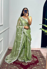 Green Color Burbary Silk Embroidery Zari Work Party Wear Saree