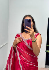 Rani  Color Burbary Silk Embroidery Zari Work Party Wear Saree