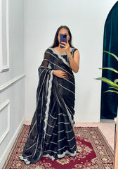 Black Color Burbary Silk Embroidery Zari Work Party Wear Saree