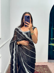 Black Color Burbary Silk Embroidery Zari Work Party Wear Saree