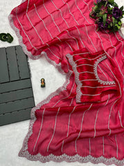 Rani  Color Burbary Silk Embroidery Zari Work Party Wear Saree