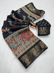 Black Silk Saree with Intricate Animal & Floral Handloom Design – Traditional Indian Saree with Zari Border