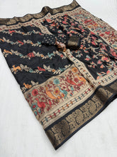 Black Silk Saree with Intricate Animal & Floral Handloom Design – Traditional Indian Saree with Zari Border