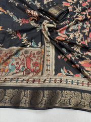 Black Silk Saree with Intricate Animal & Floral Handloom Design – Traditional Indian Saree with Zari Border
