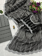 Black Color Burbary Silk Embroidery Zari Work Party Wear Saree