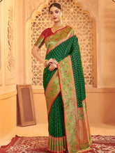 Traditional Green Silk Blend Saree with Golden Zari Border – Wedding & Festive Wear