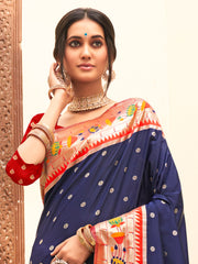 Navy Blue Silk Saree with Floral Border & Traditional Zari Work