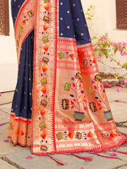 Navy Blue Silk Saree with Floral Border & Traditional Zari Work