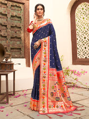 Navy Blue Silk Saree with Floral Border & Traditional Zari Work