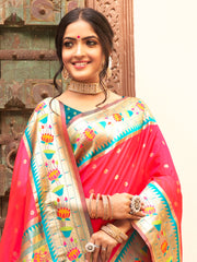 Pink Silk Saree with Golden Border & Colorful Floral Motifs