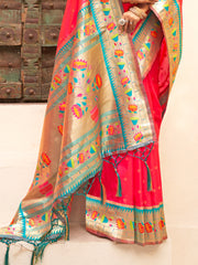 Pink Silk Saree with Golden Border & Colorful Floral Motifs