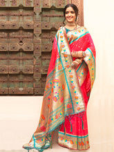 Pink Silk Saree with Golden Border & Colorful Floral Motifs