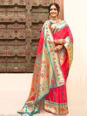 Pink Silk Saree with Golden Border & Colorful Floral Motifs