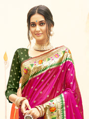 Magenta Silk Saree with Green Border & Golden Floral Design