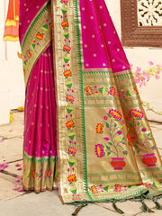 Magenta Silk Saree with Green Border & Golden Floral Design