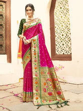 Magenta Silk Saree with Green Border & Golden Floral Design