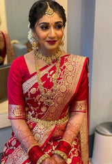 Flam Red Zari Work Banarasi Silk Saree