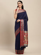 Navy Blue Silk Saree with Red & Golden Woven Border