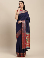 Navy Blue Silk Saree with Red & Golden Woven Border