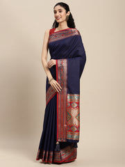 Navy Blue Silk Saree with Red & Golden Woven Border