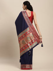 Navy Blue Silk Saree with Red & Golden Woven Border