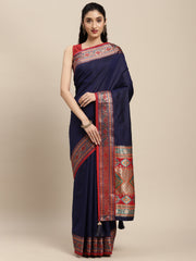 Navy Blue Silk Saree with Red & Golden Woven Border