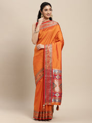 Orange Silk Saree with Red & Golden Woven Border