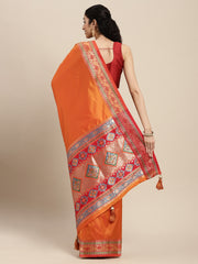 Orange Silk Saree with Red & Golden Woven Border