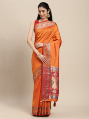 Orange Silk Saree with Red & Golden Woven Border